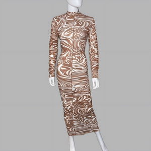 Marbled‎ Print Long Sleeve Top-Stitching Bodycon Dress